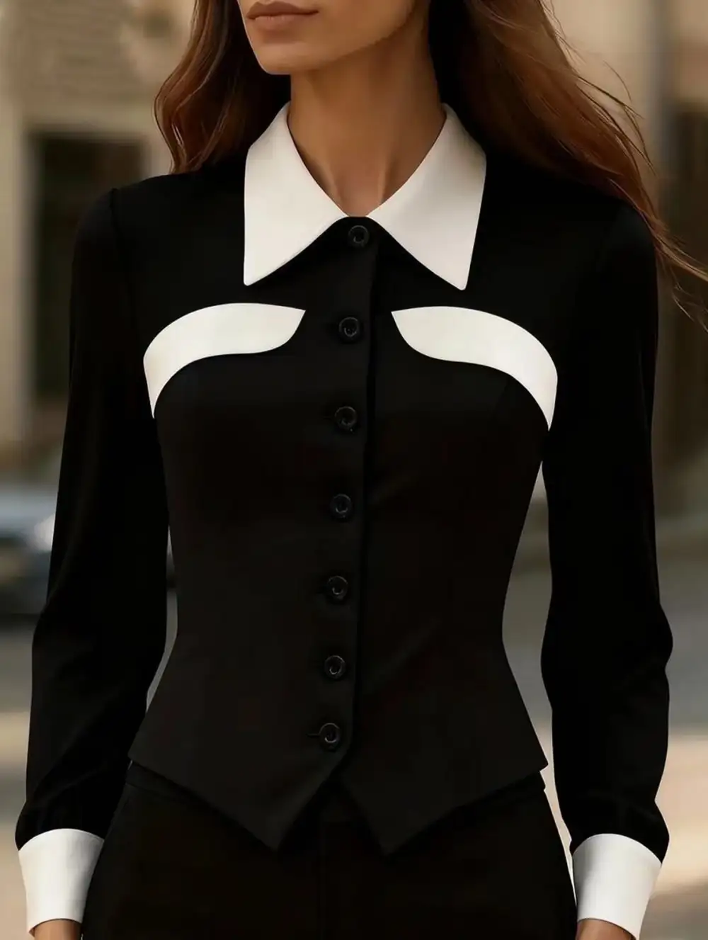 Contrast Lapel Long Sleeve Shirt