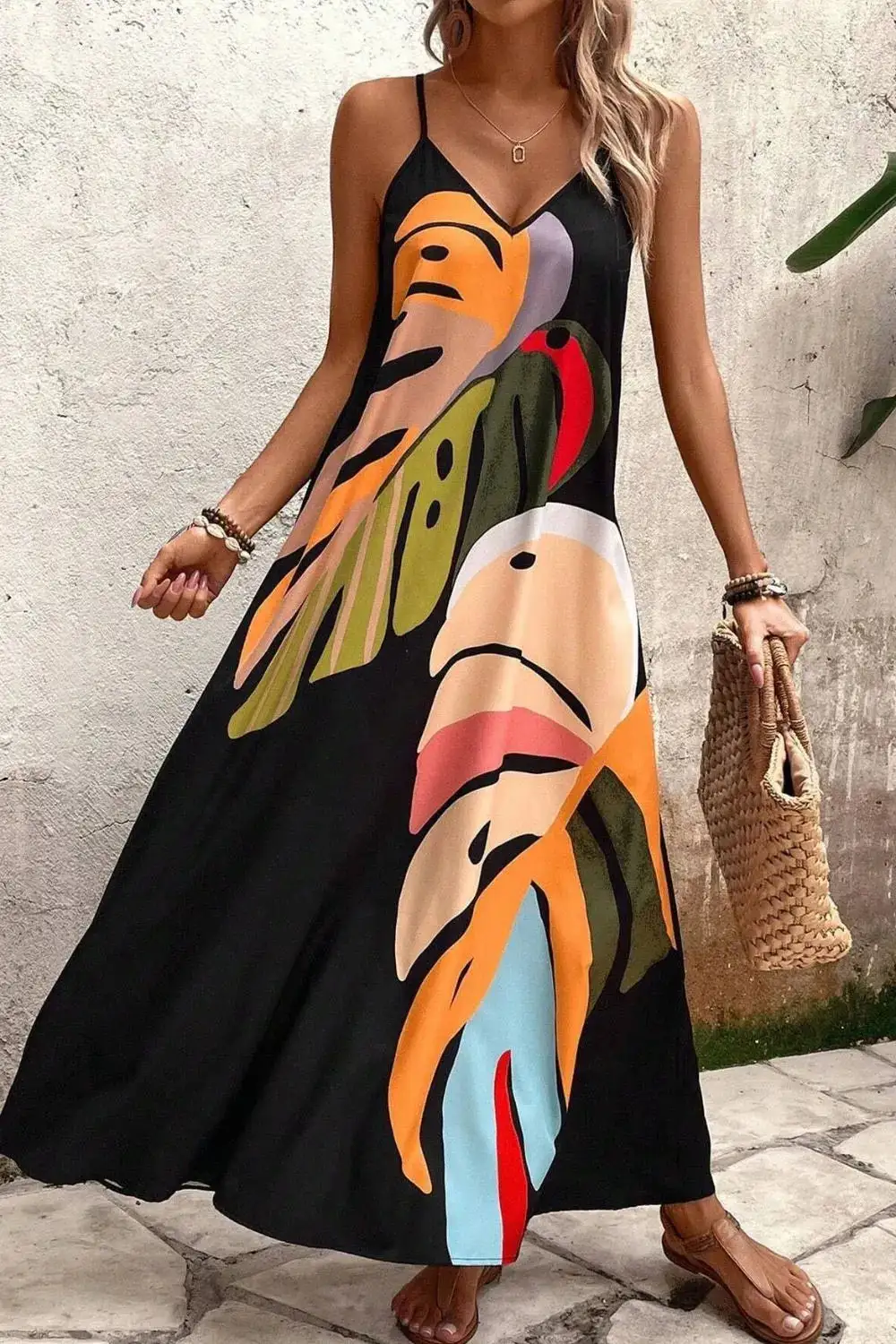 Leaf Print V-Neck Maxi Cami Dress