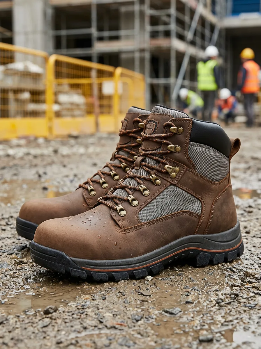 Men's Construction Waterproof Brown Leather Work Boots with Printed Detail