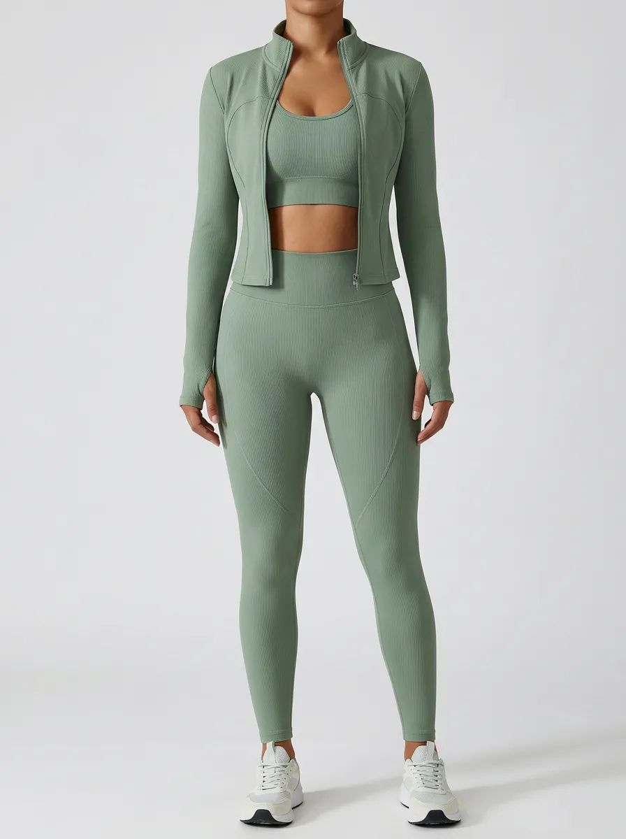 Performance-Inspired Ribbed Texture Seamless Design Street Style Women's Three Piece Activewear Set