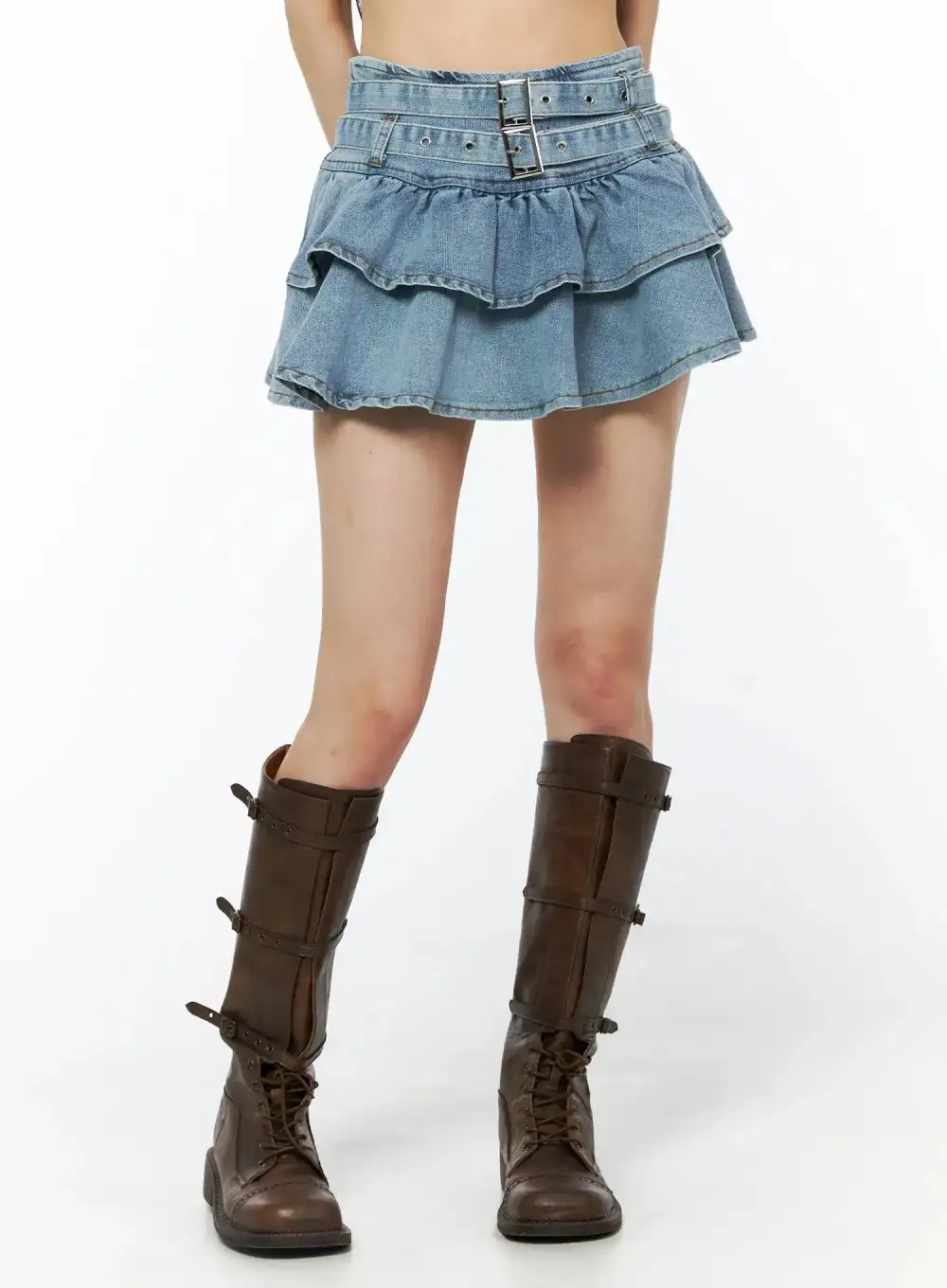 Tiered Ruffle Denim Mini Skirt