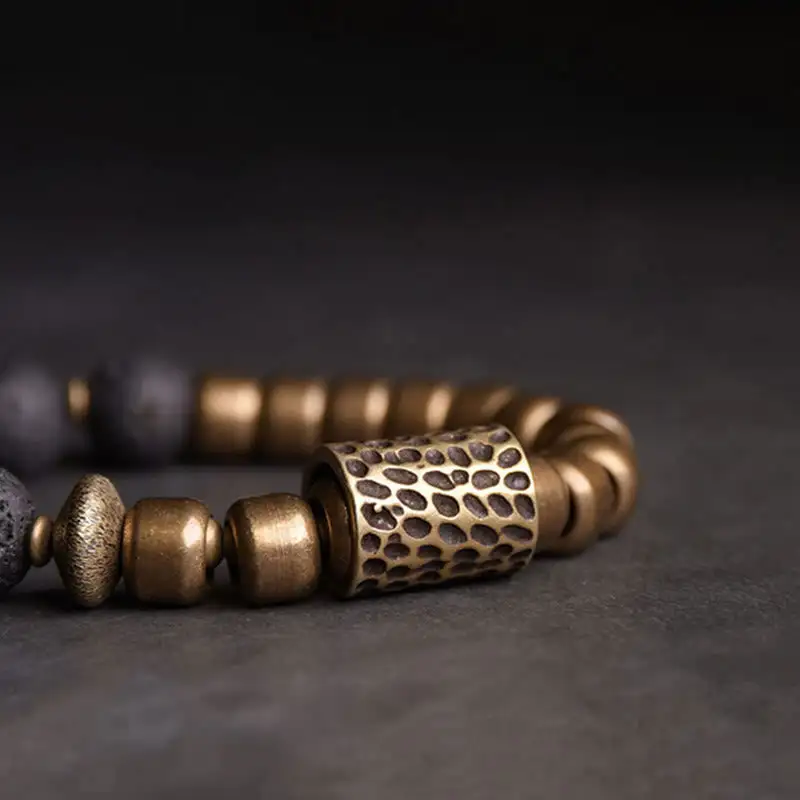 Lava Rock Stone Obsidian Brass Bracelet