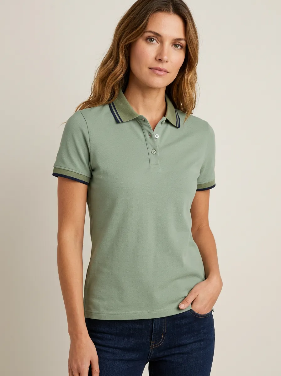 Women's Striped-Collar Collared Contrast-Trim Polo Shirt