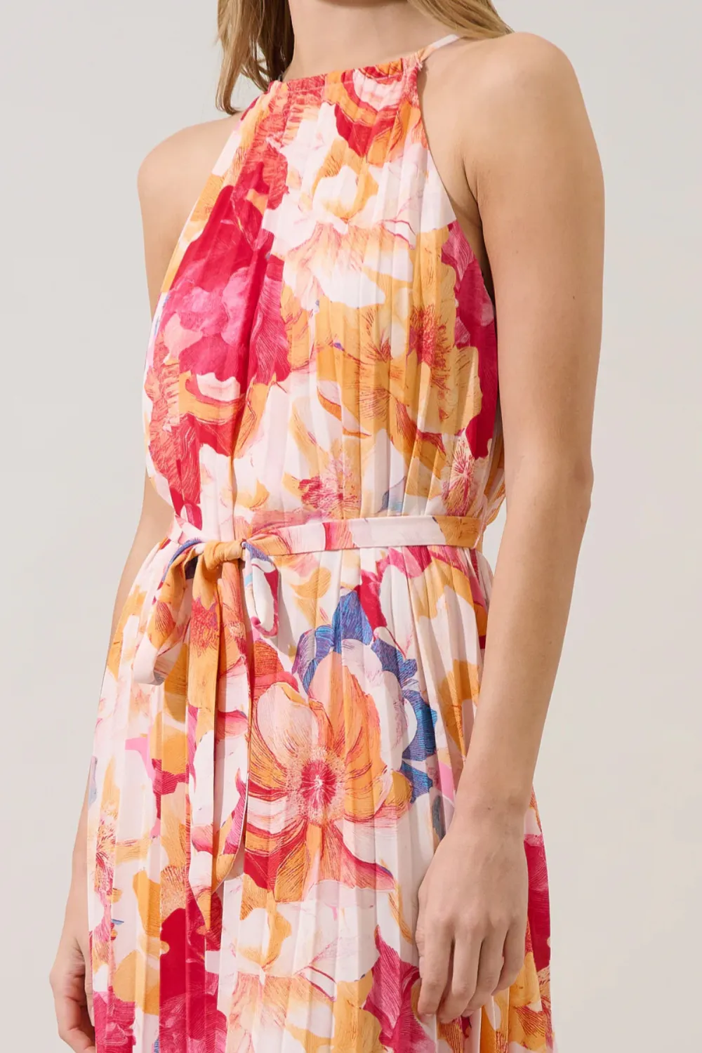 Halter Neck Pleated Floral Print Midi Dress