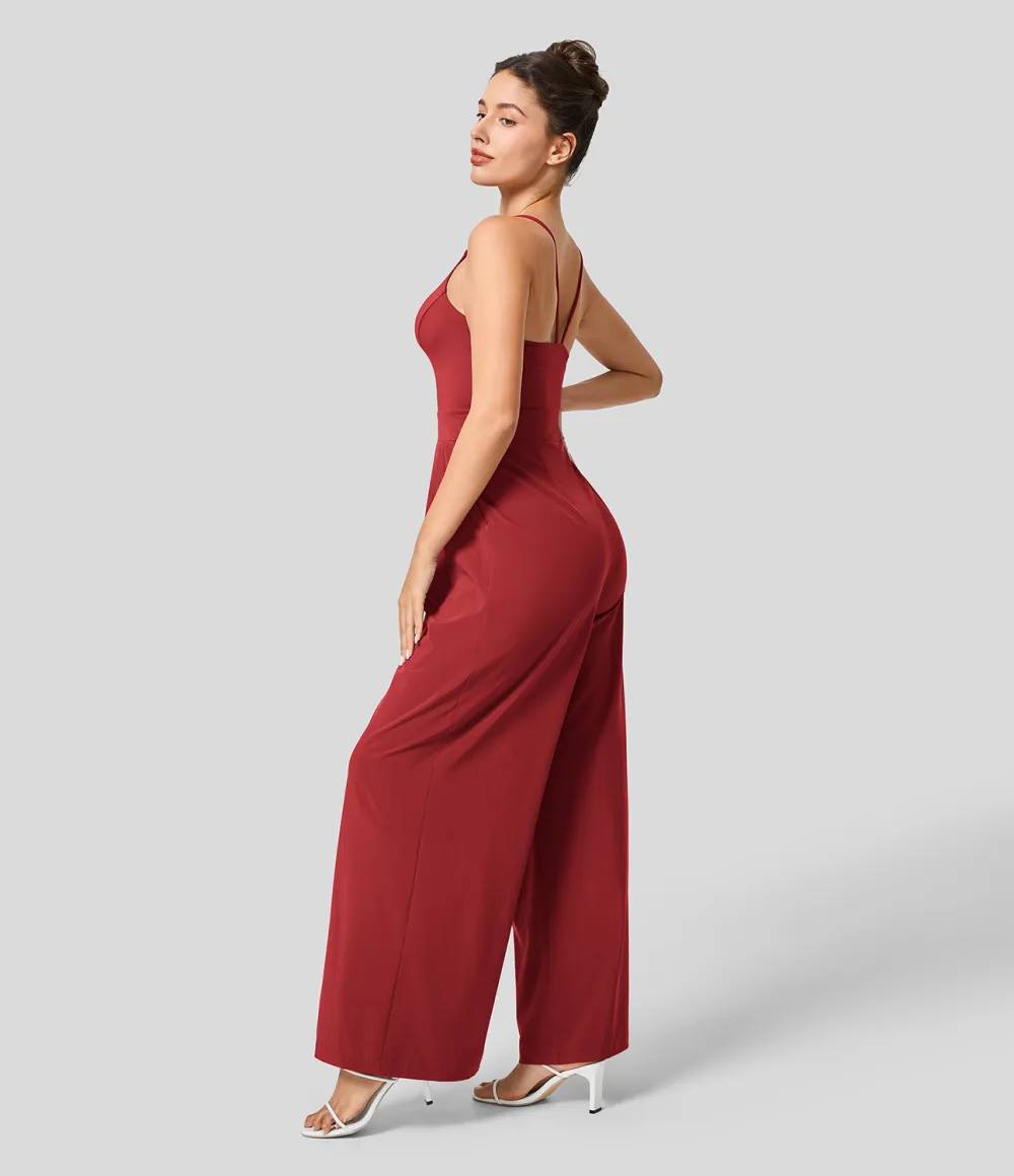 Breezeful Backless Side Invisible Zipper Pocket Wide Leg Quick Dry Resort Slip Jumpsuit