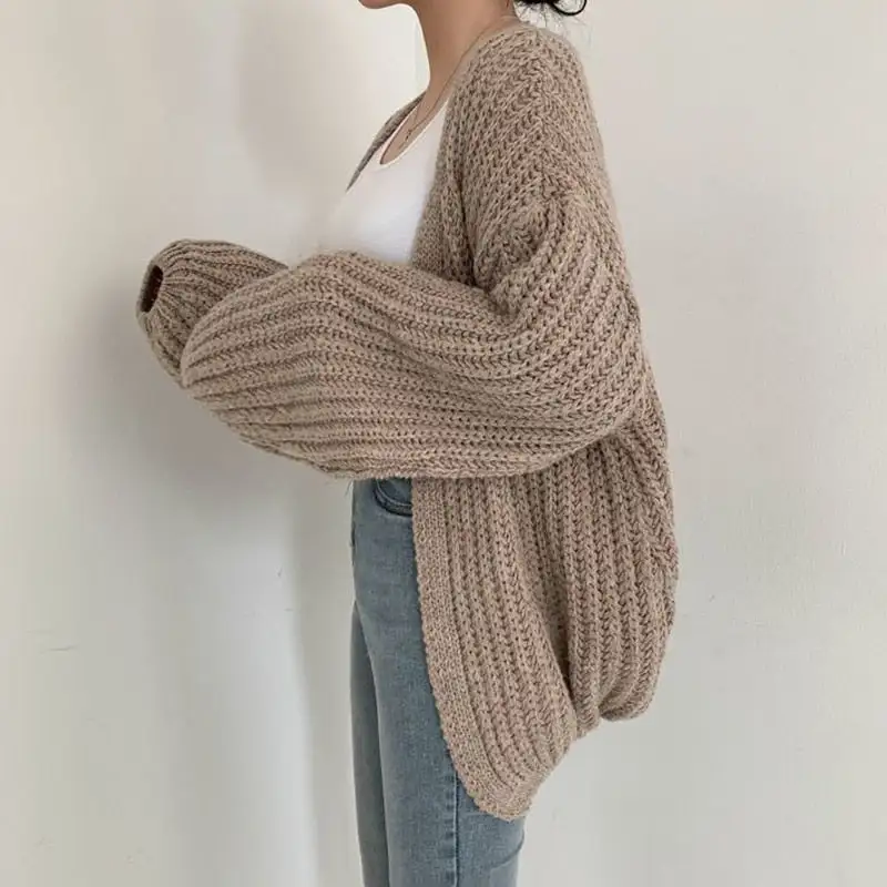 Oversized Chunky Knit Cardigan Balloon Sleeve Open Front Jumper