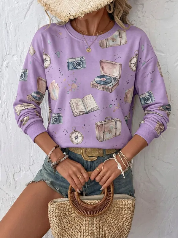 Women's Travel Lover Camera Record Book Printed Sweatshirt