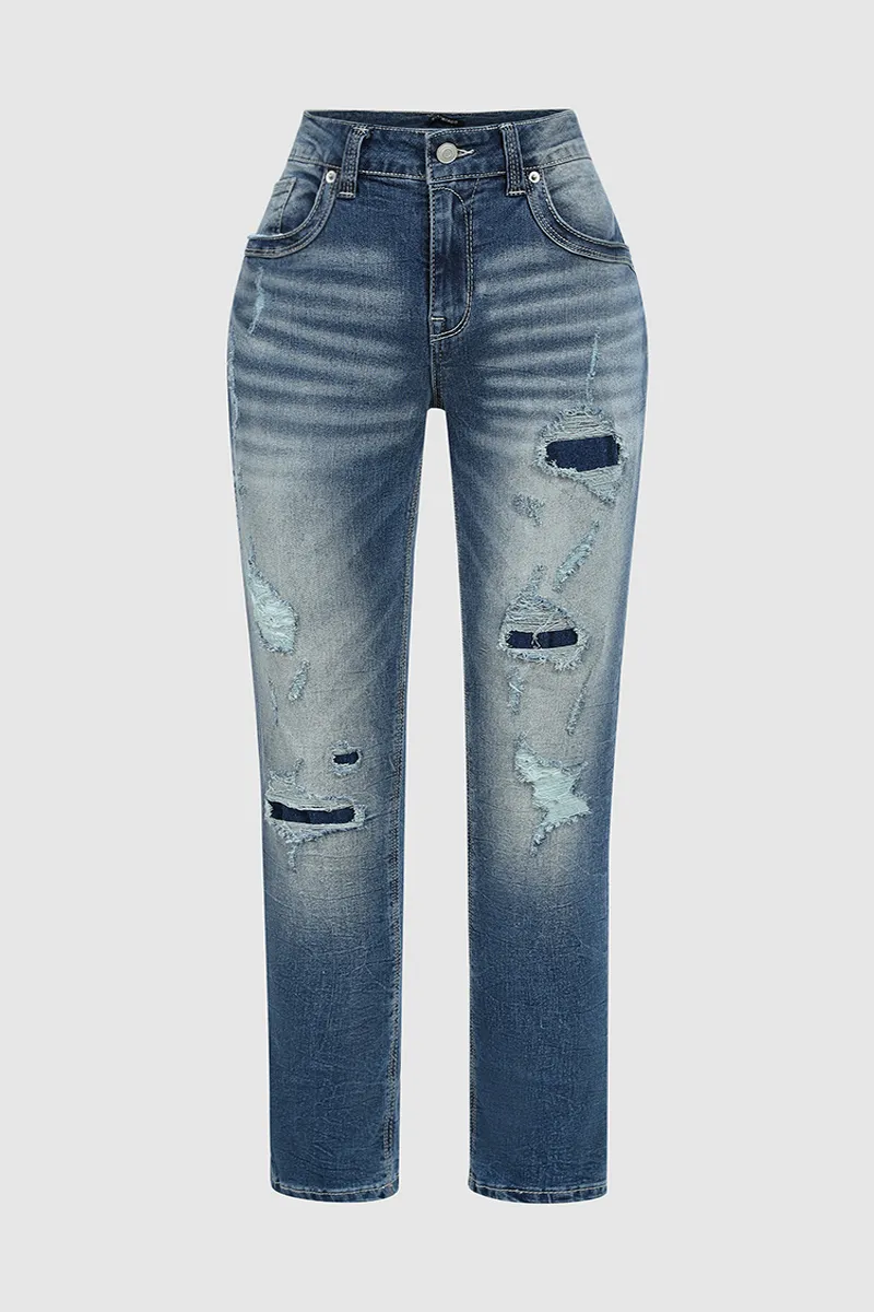 Mid Waist Wash Straight Leg Jeans