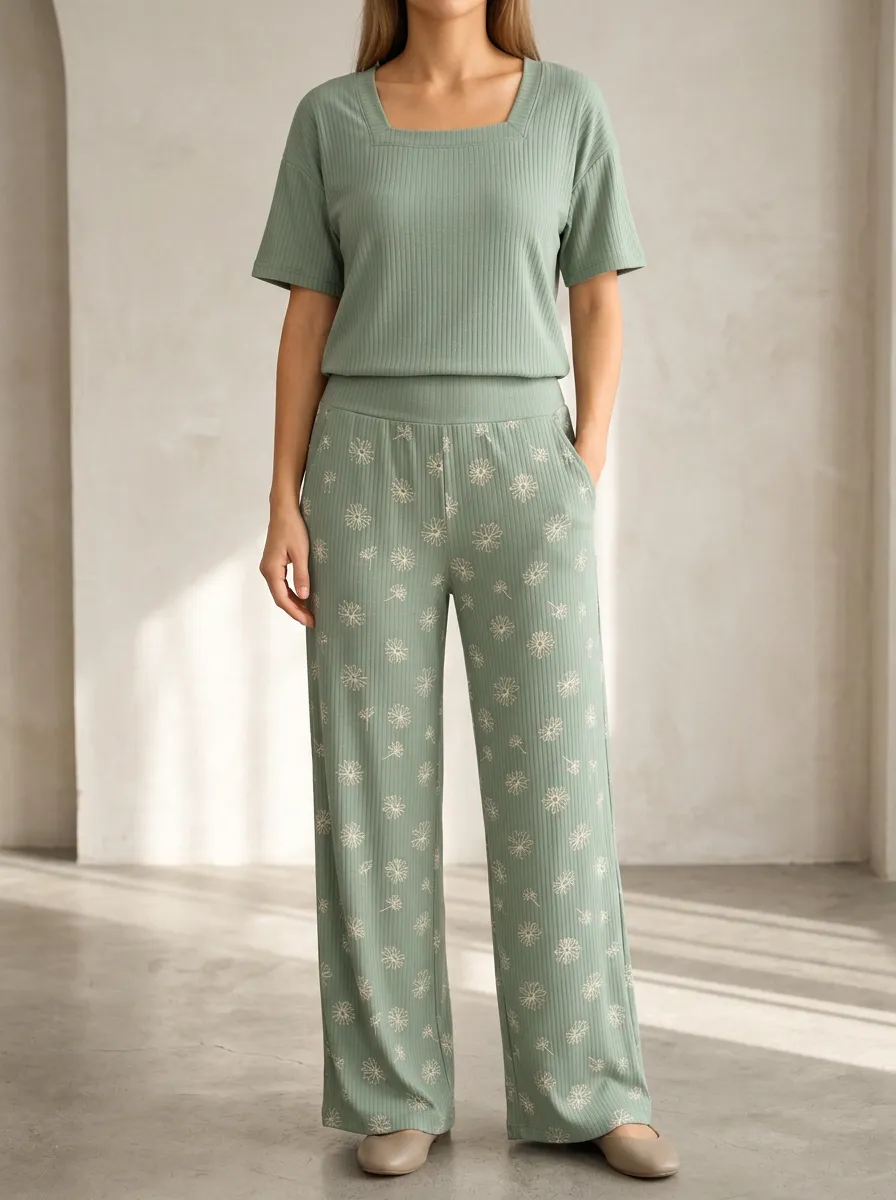 Women's Dandelion Floral Patterned Ribbed Wide Leg Pants Set