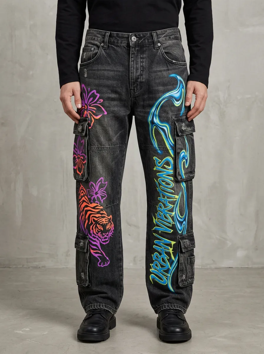 Men's Tiger Floral Flame Graphic Cargo Jeans