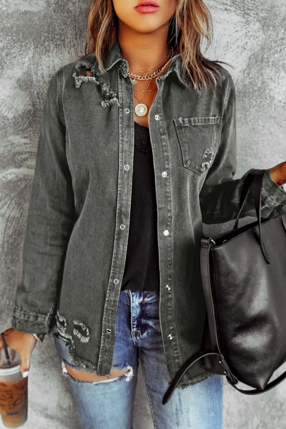Distressed Raw-hem Snap-front Denim Jacket