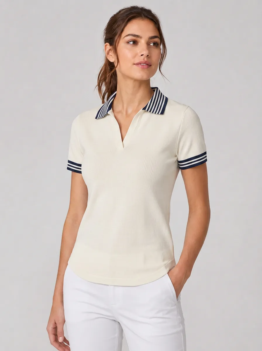 Women's Equestrian Lover Striped Collar Printed Polo Shirt
