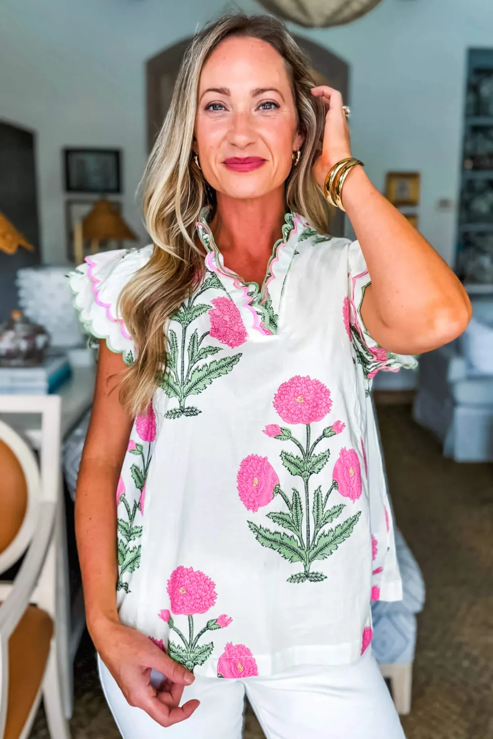 Pink Wild Flower Print Contrast Blouse