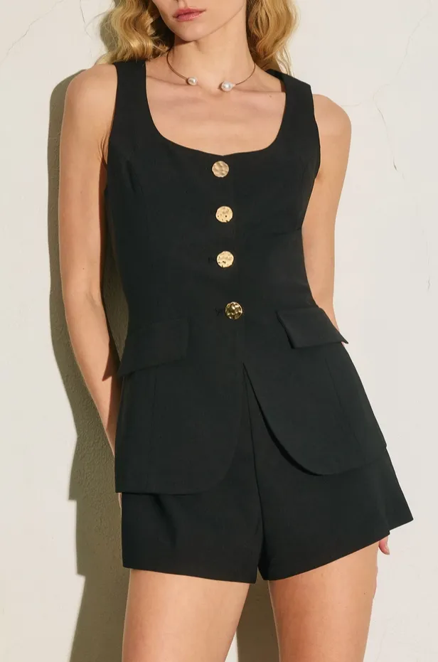 Black Gold Button Vest Style Romper