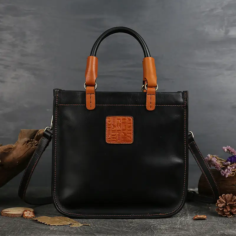 Genuine Cowhide Leather Messenger Bag Vertical Square