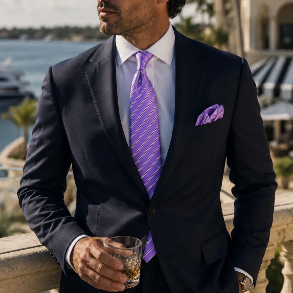 Modern Silk Striped Men's Necktie With Pocket Square