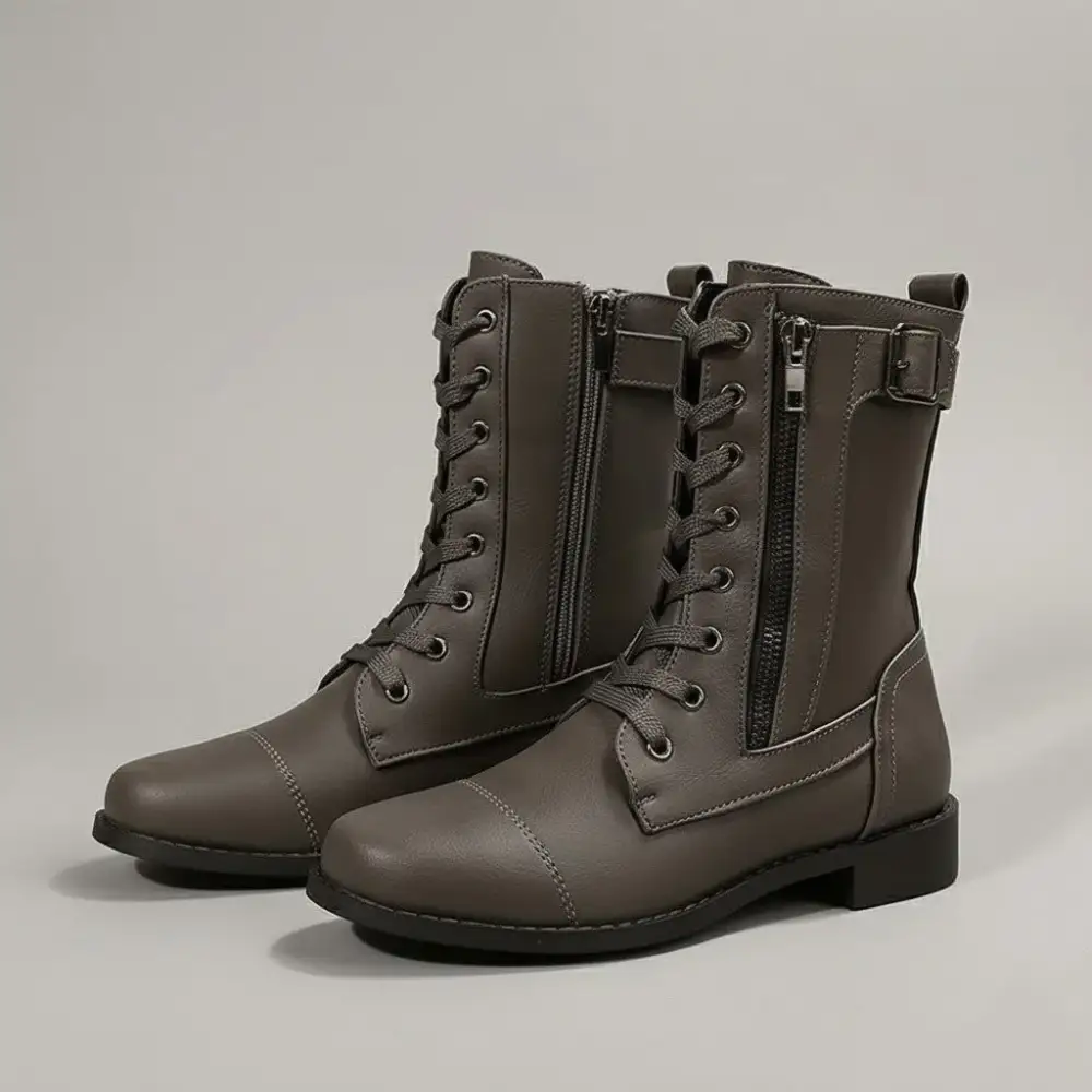 Lace Up Ankle Boots Side Zip Comfortable Flat Boots