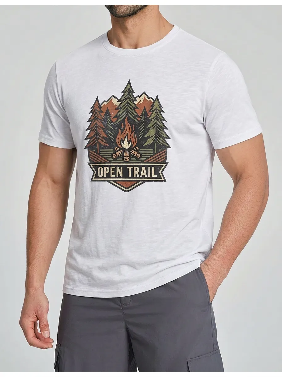 Men's Camping Hiking Lover Open Trail Mountain Campfire Printed T-shirt