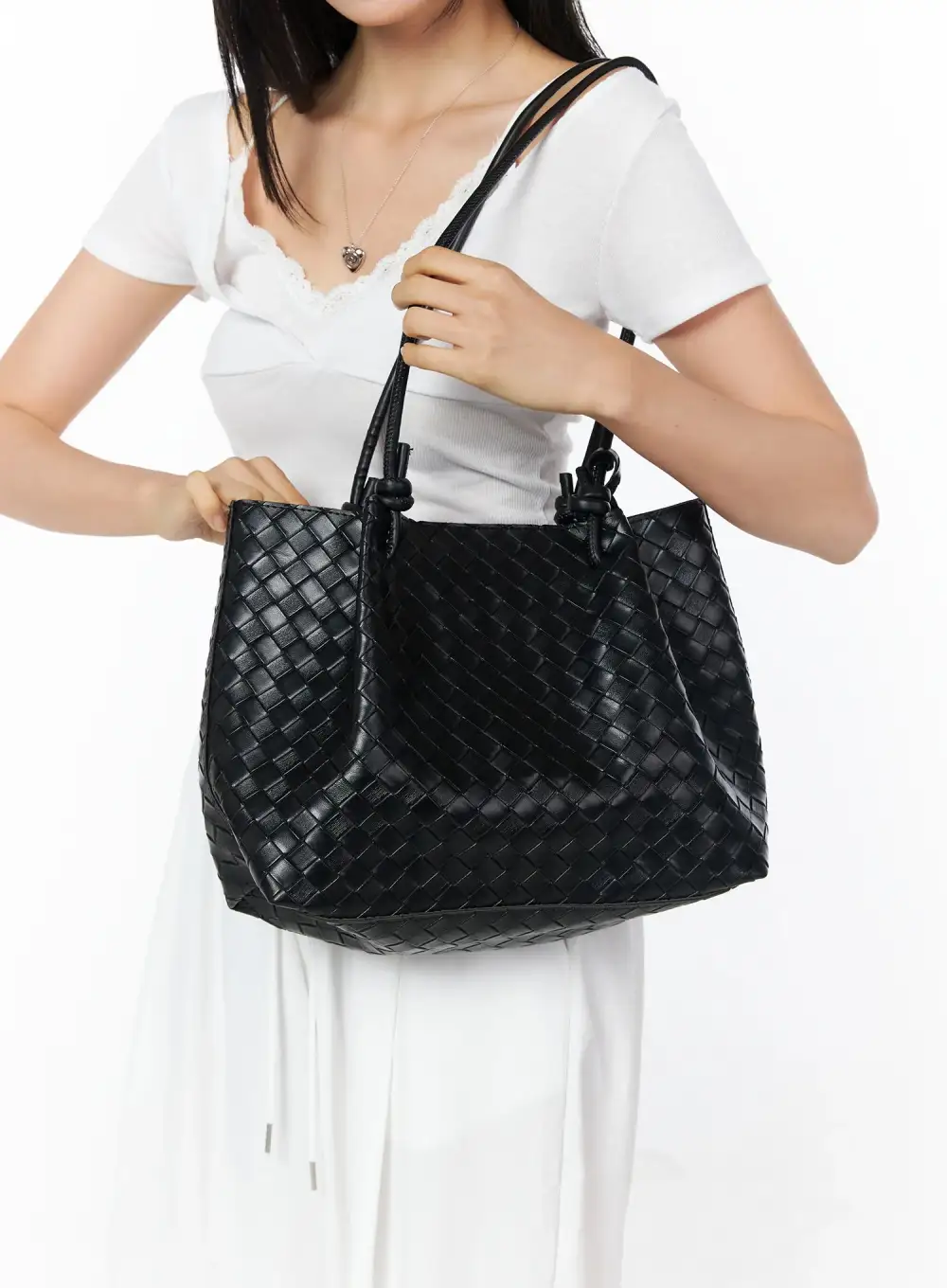 Woven Leather Shoulder Bag and Pouch Set