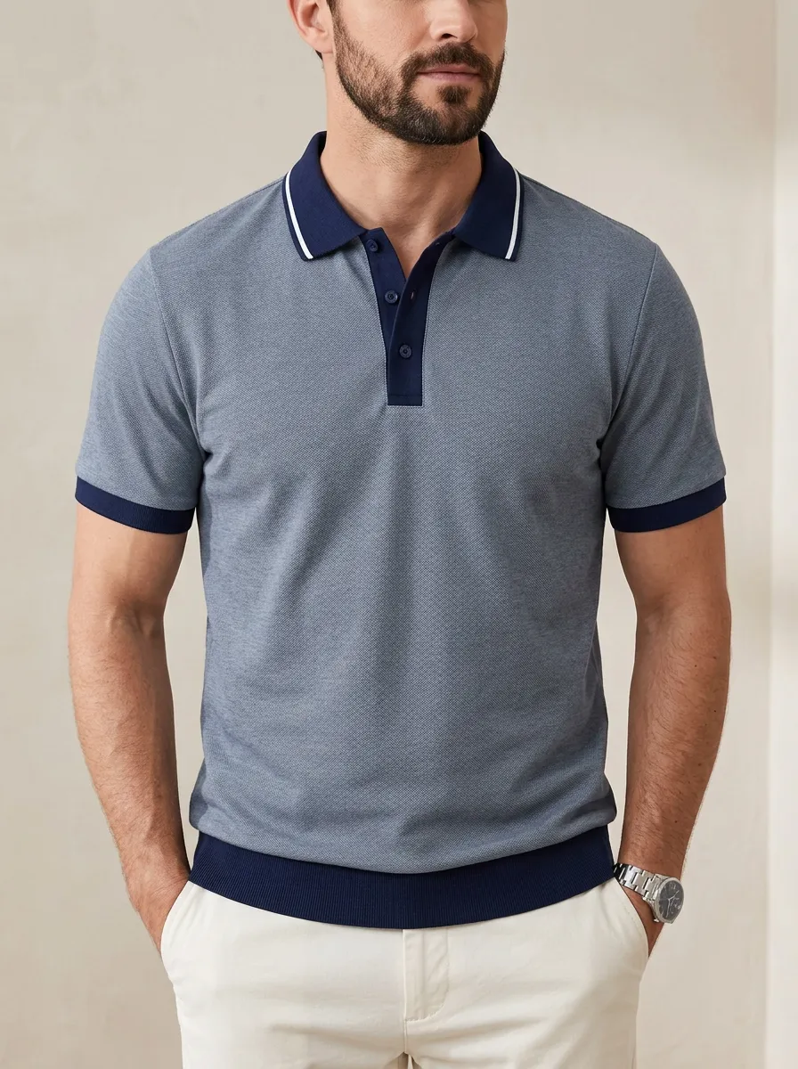 Men's Casual Business Contrast Trim Textured Polo Shirt