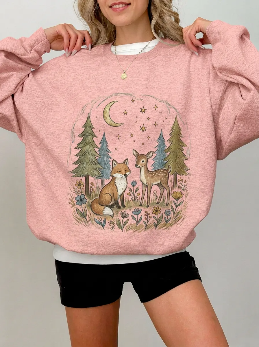 Women's Nature Fox and Deer Forest Graphic Sweatshirt