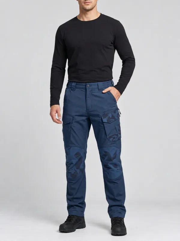 Men's Charcoal Grey Camo Multi-Pocket Reinforced Knee Integrated Webbing Belt Tactical Cargo Pants