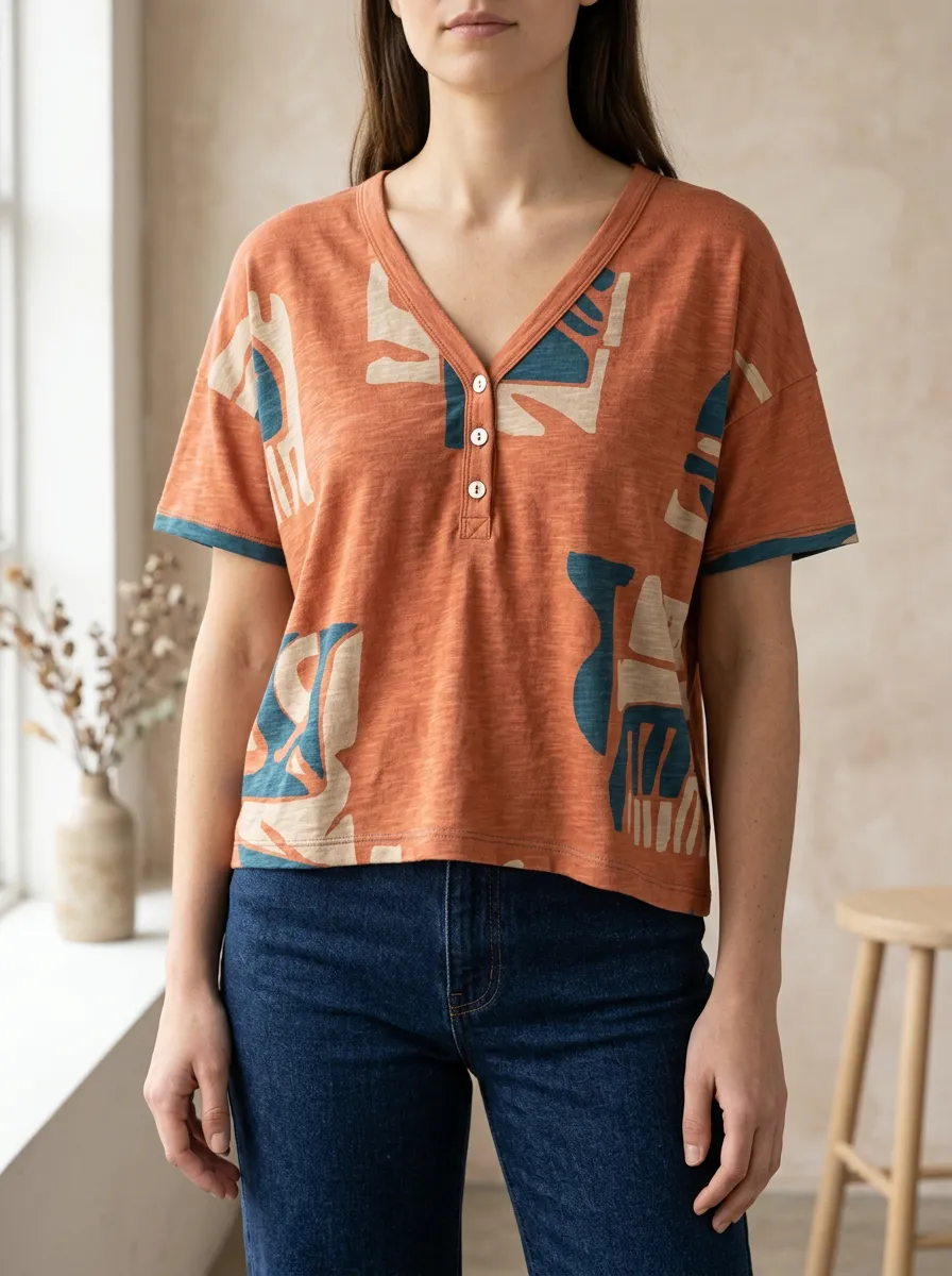Women's Abstract Geometric Art Printed Henley Shirt