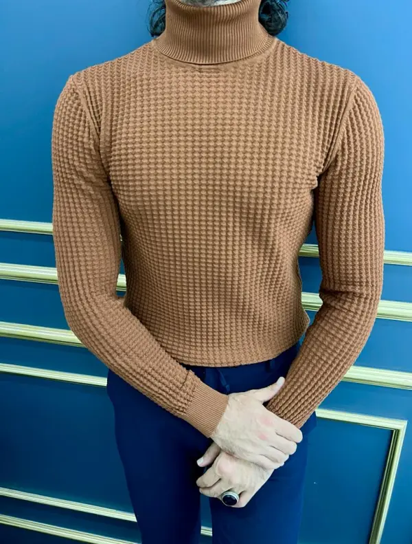 Modern Slim Fit Textured Cotton Turtleneck Sweater