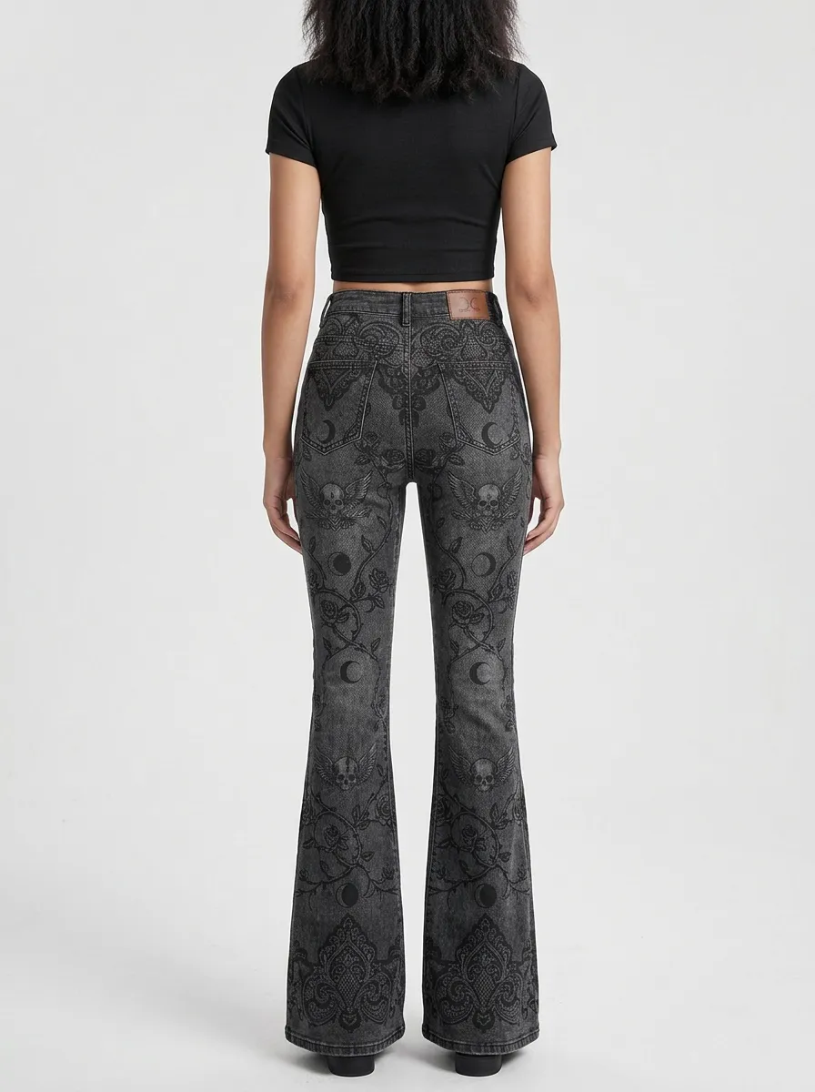 Shadow Skull Rose Moon Victorian Look Women's Gothic Flare Pants