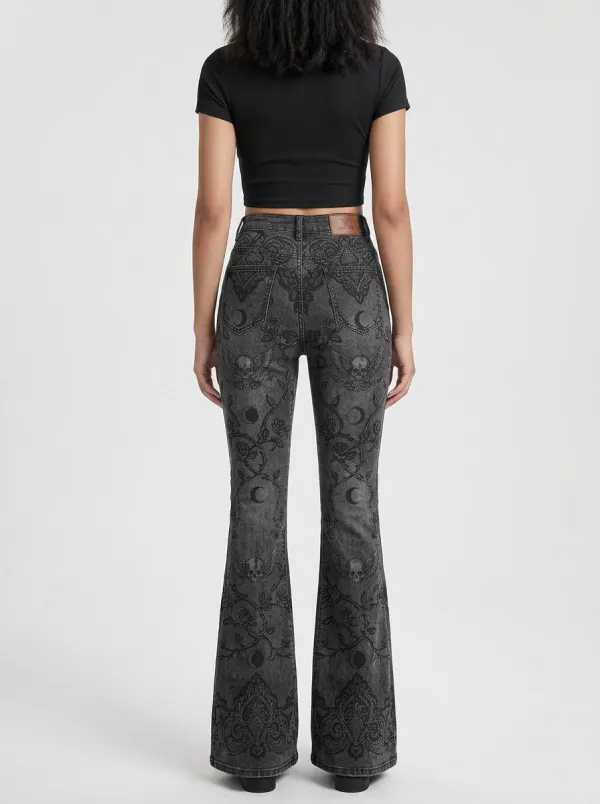 Shadow Skull Rose Moon Victorian Look Women's Gothic Flare Pants