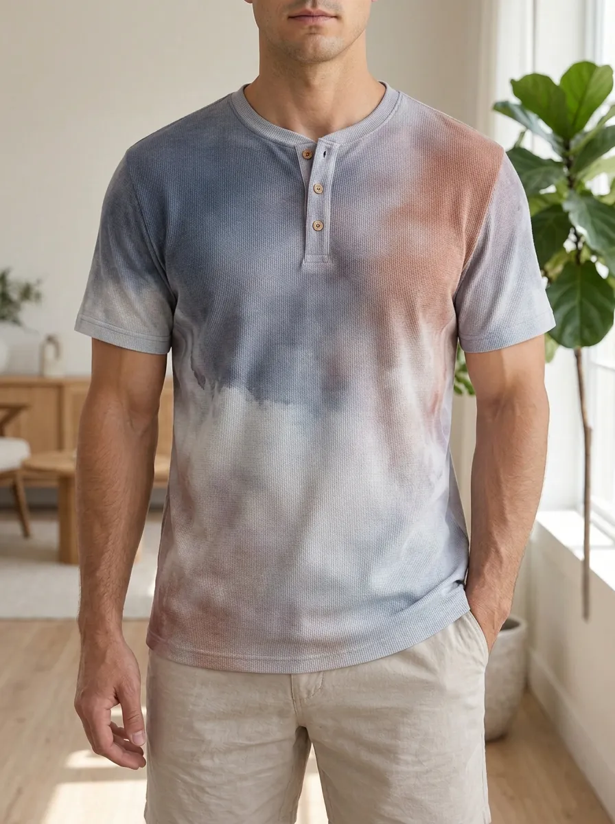 Men's Retro Inspired Casual Tie-Dye Waffle Knit Henley T-Shirt