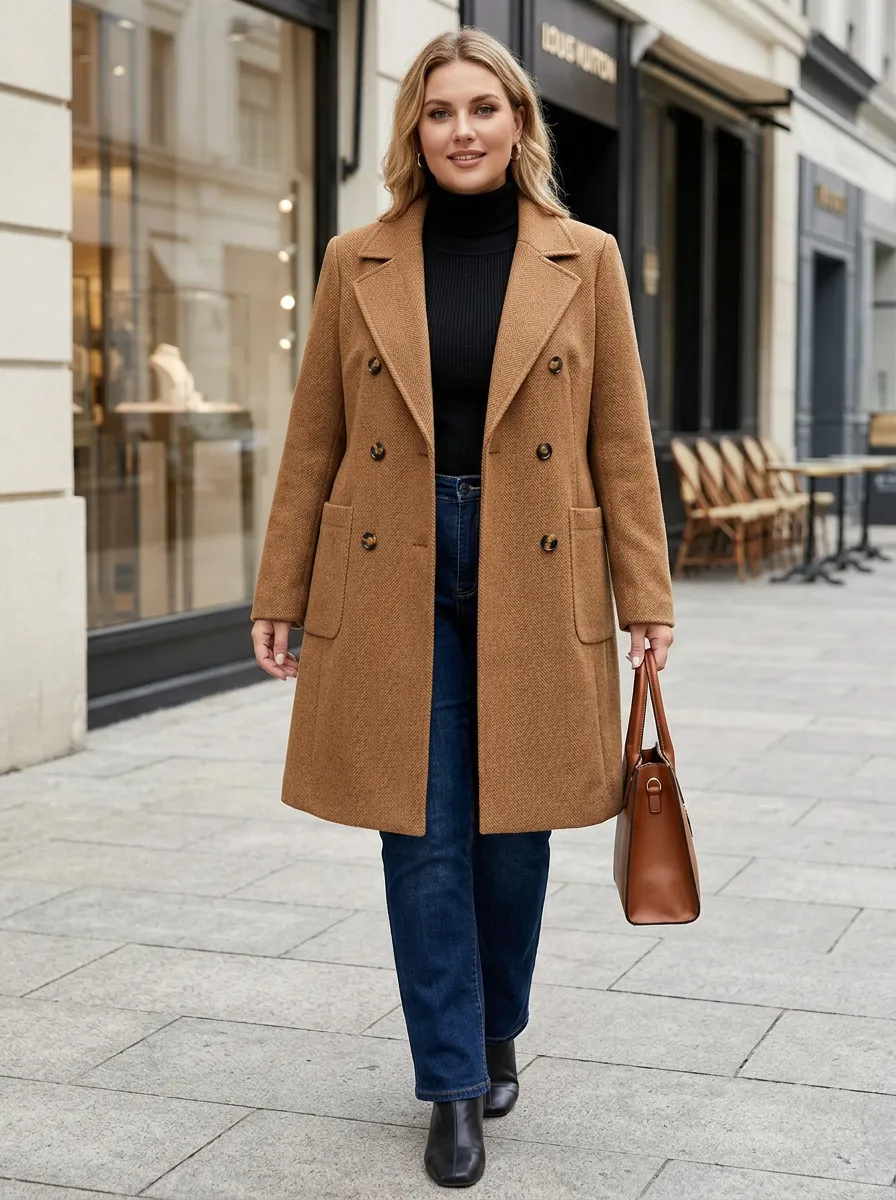 Classic Herringbone Double-Breasted Wool Coat