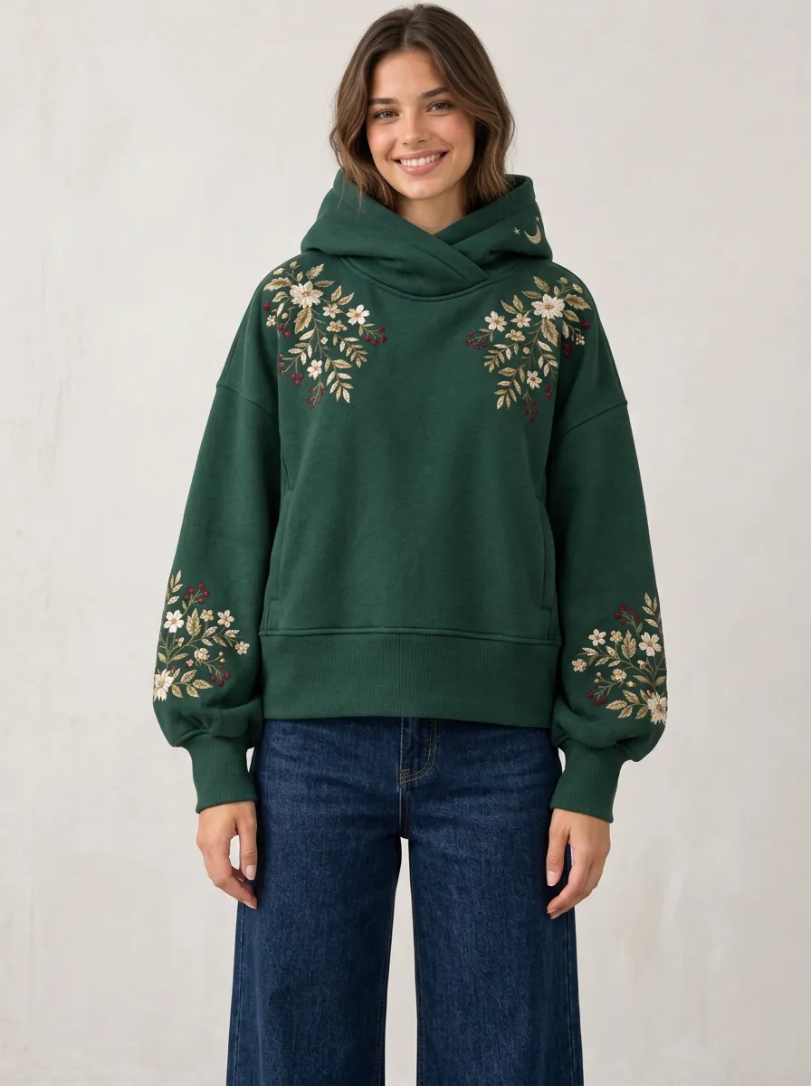 Soft Style Women's Botanical Floral Embroidered Graphic Hoodie