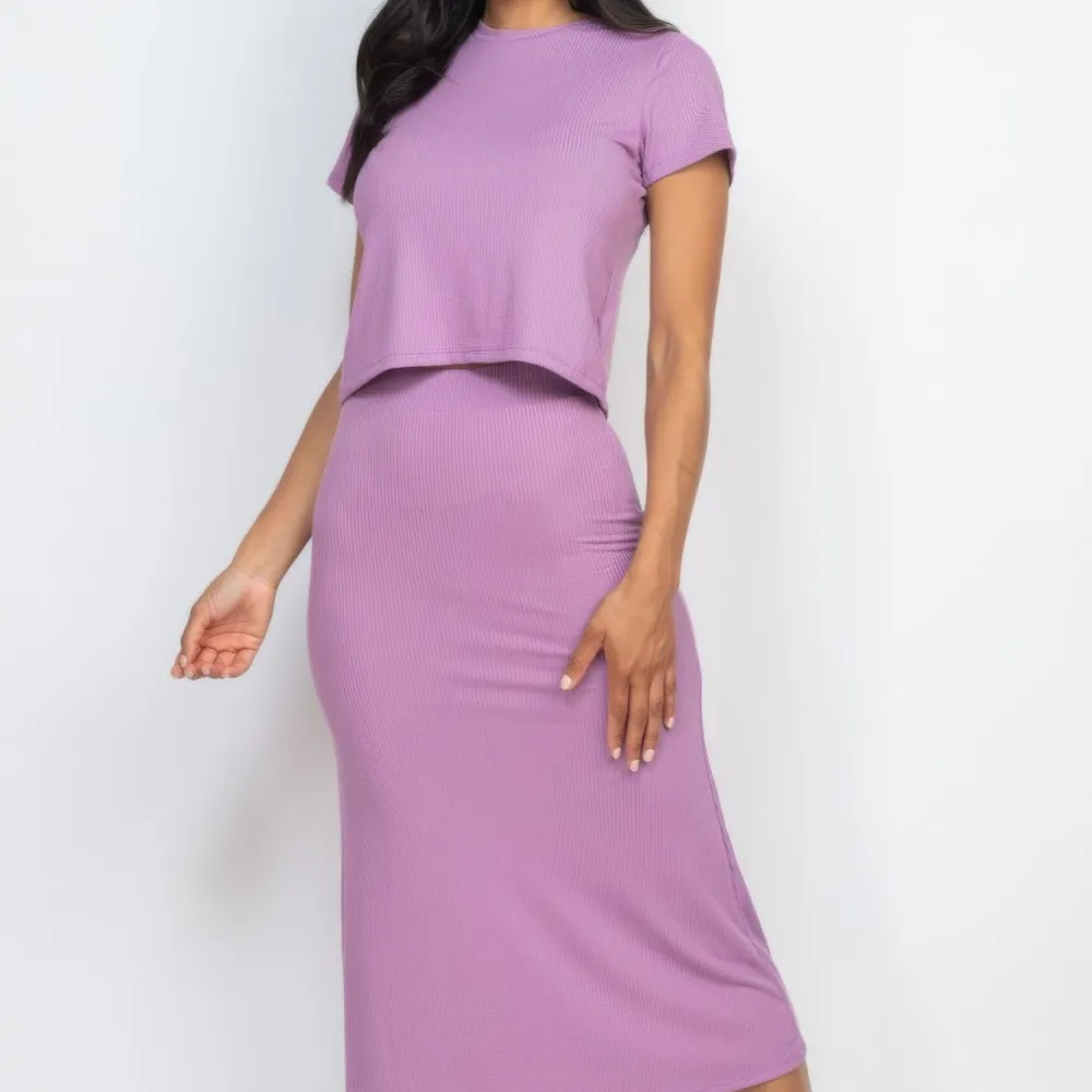 Short Sleeve Ribbed Top & Midi Skirt Set