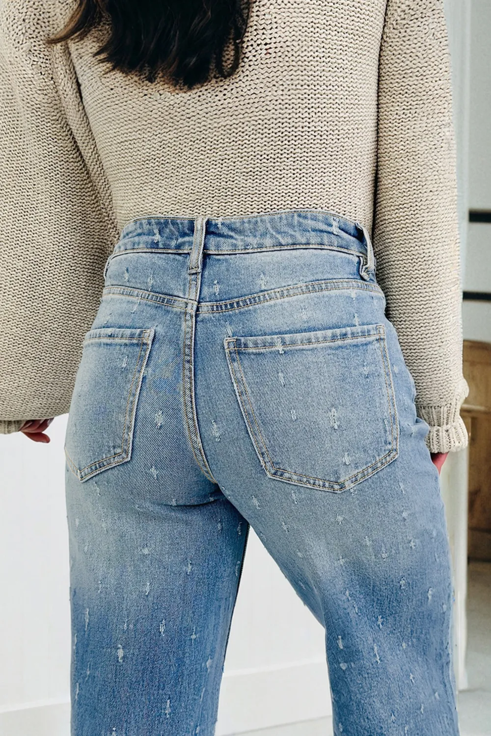 Pale Blue Distressed Raw Hem Jeans