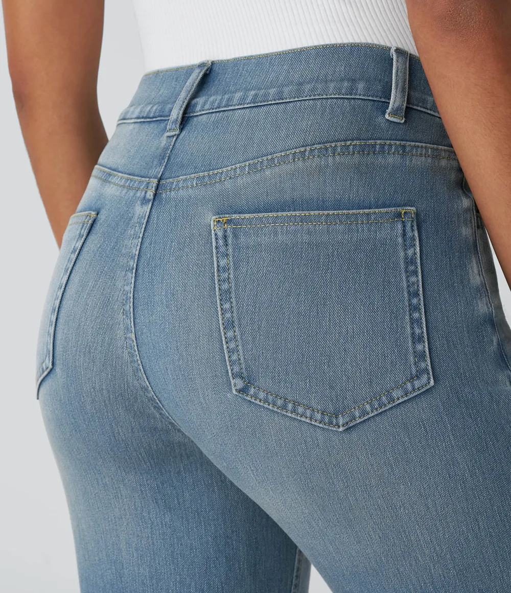 Magic High Waisted Multiple Pockets Straight Leg Washed Stretchy Knit Casual Jeans