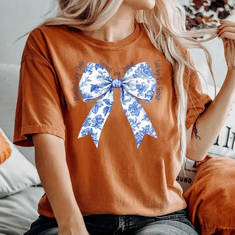 Blessed By God Loved By Jesus Blue Toile Coquette Bow Women's Oversized Comfort T-shirt