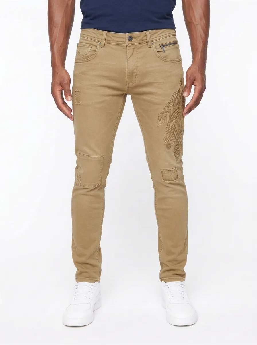 Men's Blue Feather Pattern Distressed Slim Fit Jeans