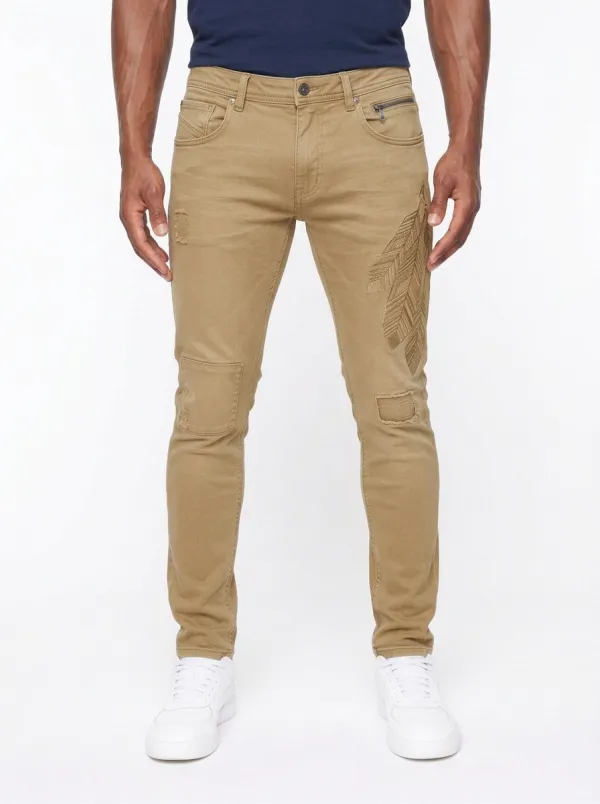 Men's Blue Feather Pattern Distressed Slim Fit Jeans