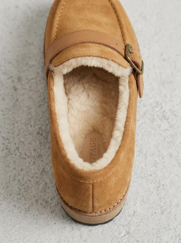 Women's Shearling Lined Buckle Detail Clog Style Casual Suede Wood Sole Loafers