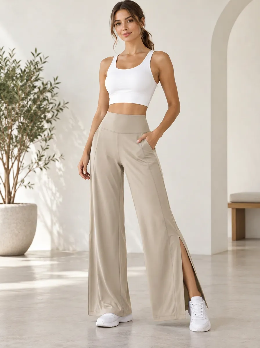 Women's High Waist Gentle Movement Wide Leg Side Slit Athletic Pants
