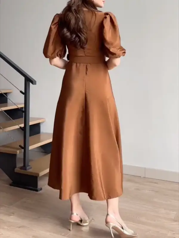 Tie Waist Puff Sleeve Midi Dress