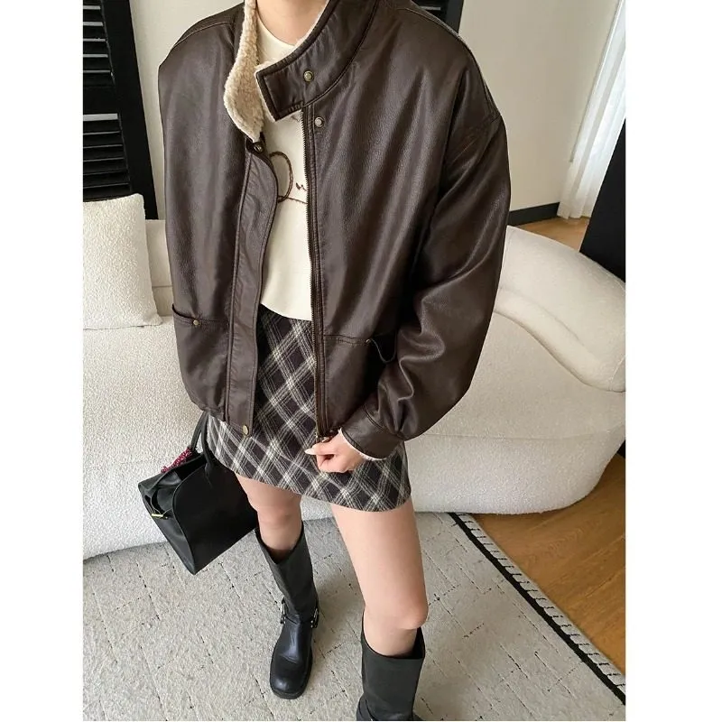 Stand-Collar Leather Fleece Casual Outerwear Jacket