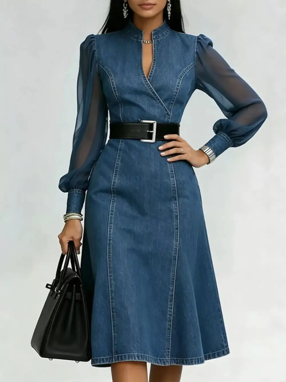 Midi Dress with Sheer Sleeves