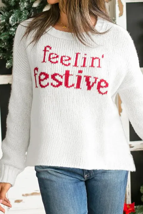 White Festive Text Print Chunky Knit Sweater