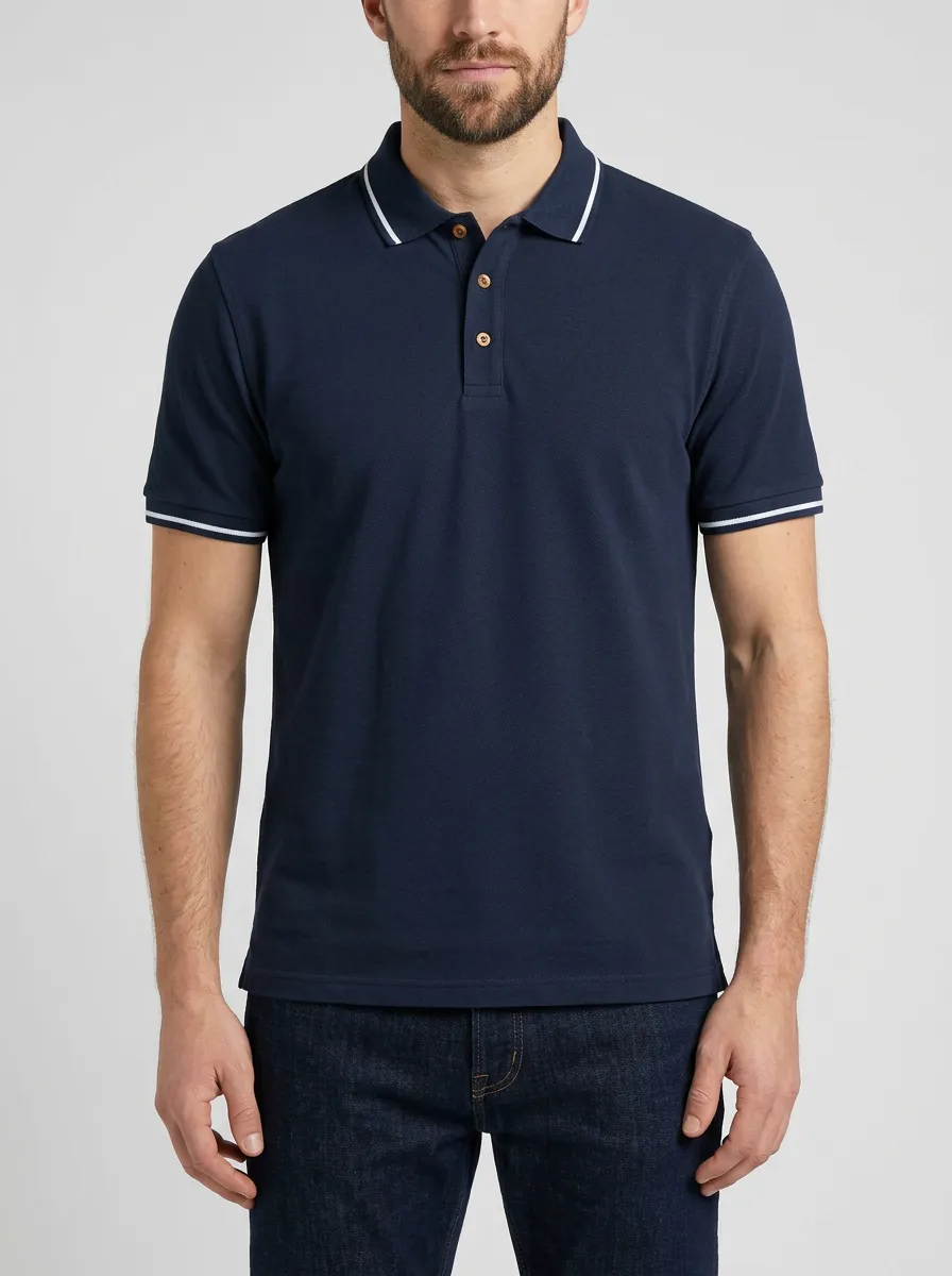 Men's Navy Blue Tipped Collar Casual Polo Shirt