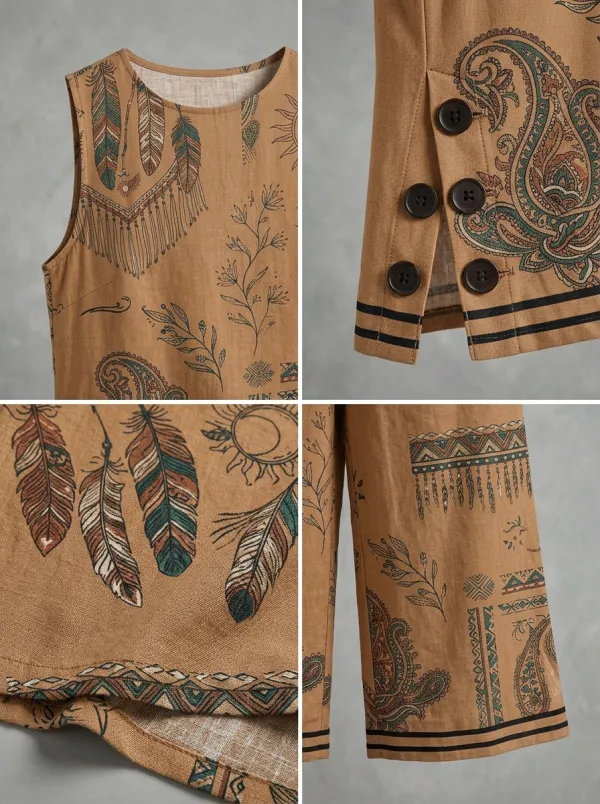 Women's Boho Style Feather Paisley Printed Sleeveless Set