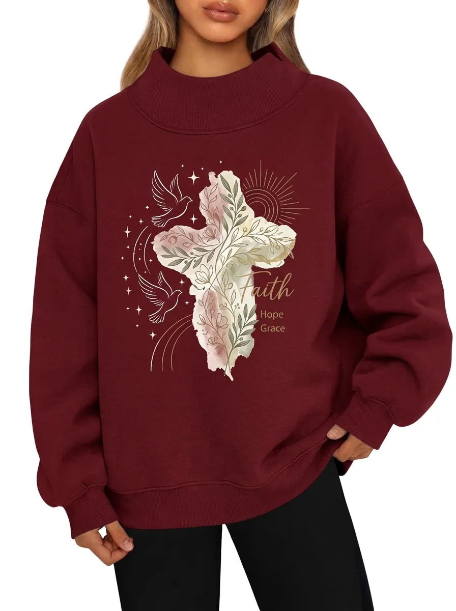 Women's Grey Dove Cross Drop Shoulder Mock Neck Sweatshirt