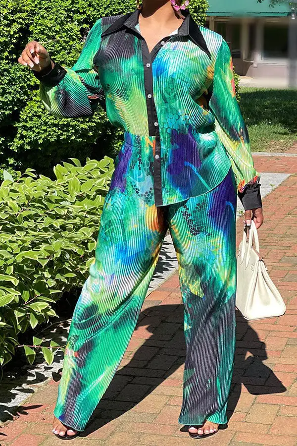 Abstract Print Pleated Collared Pant Set