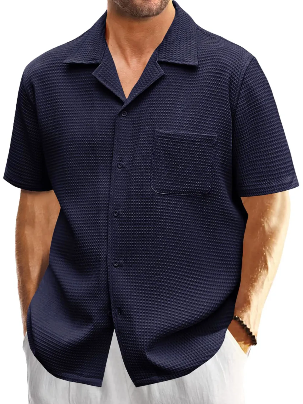Textured Knit Open Collar Shirt